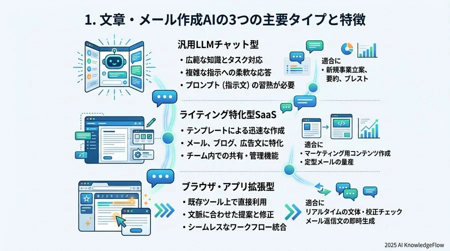 1. 文章・メール作成AIの3つの主要タイプと特徴 - Section Image