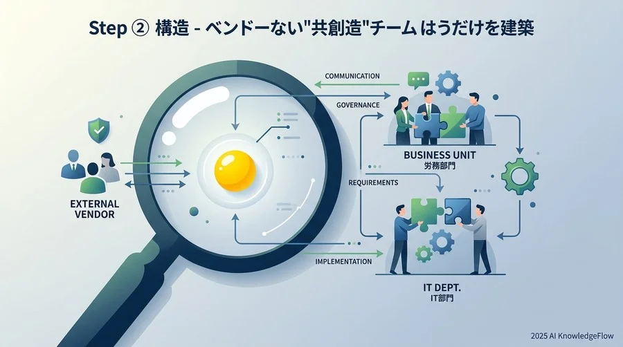 【ステップ②：体制】ベンダー任せにしない、社内主導の「共創」チーム作り - Section Image