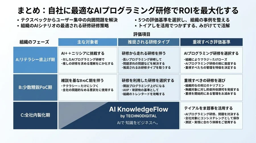 「実務で使えない」を回避する。組織フェーズから導くAIプログラミング研修ベンダーの選び方と5つの評価軸 - Conclusion Image