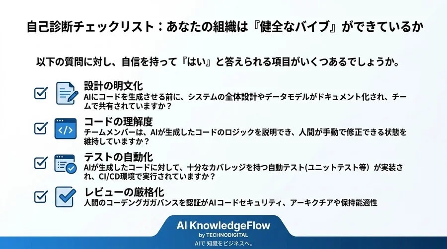 開発速度を劇的に高める「バイブコーディング」の陥穽：AI生成コードが引き起こす技術負債と組織崩壊の防ぎ方 - Conclusion Image
