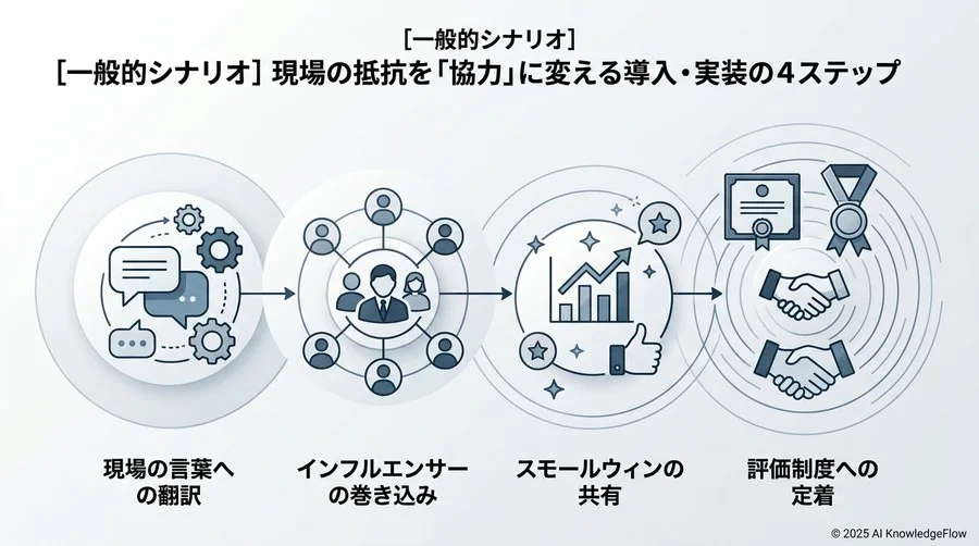 【一般的シナリオ】現場の抵抗を「協力」に変える導入・実装の4ステップ - Section Image