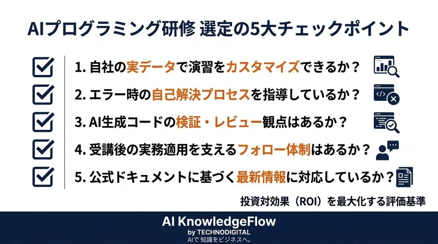 AIプログラミング研修で失敗しない選定基準：教育・経営・技術の3軸で評価する投資対効果 - Conclusion Image